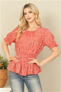 S16-5-3-T17353-CORAL RUFFLE HALF SLEEVE SMOCKED WAIST FLORAL TOP 2-2-2
