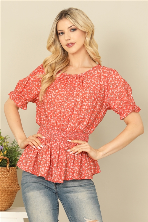S13-6-4-T17353-CORAL RUFFLE HALF SLEEVE SMOCKED WAIST FLORAL TOP 1-2-2