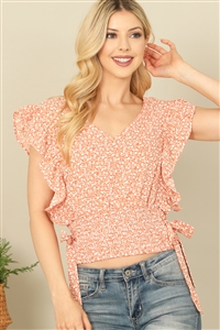 S16-5-3-T20089-CORAL RUFFLE SLEEVELESS SIDE RIBBON SMOCKED WAIST FLORAL TOP 2-2-2