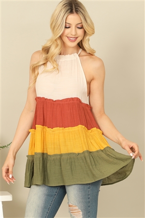 S16-6-1-T17366-SAND MULTI HALTER COLOR BLOCK RUFFLE TIERED TOP 2-2-2