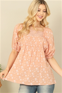 S13-6-4-T20292-ROSE LACE SQUARE NECK PUFF SLEEVE FLORAL TOP 1-3-3