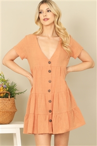 S13-9-1-D450-ARICOT SHORT SLEEVE V-NECK BUTTON DOWN SOLID BABYDOLL DRESS 2-2-1