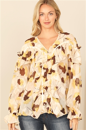 S6-3-2-T30039-CREAM BROWN RUFFLE DETAIL LONG SLEEVE PRINTED TOP 2-2-2