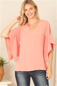 S12-12-3-T9057-LT. CORAL V-NECK BUTTERFLY SLEEVE SOLID TOP 2-2-2