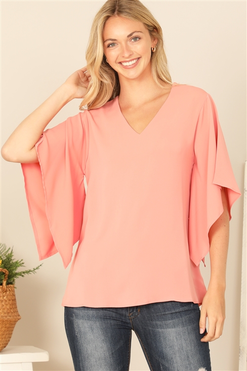 S12-12-3-T9057-LT. CORAL V-NECK BUTTERFLY SLEEVE SOLID TOP 2-2-2