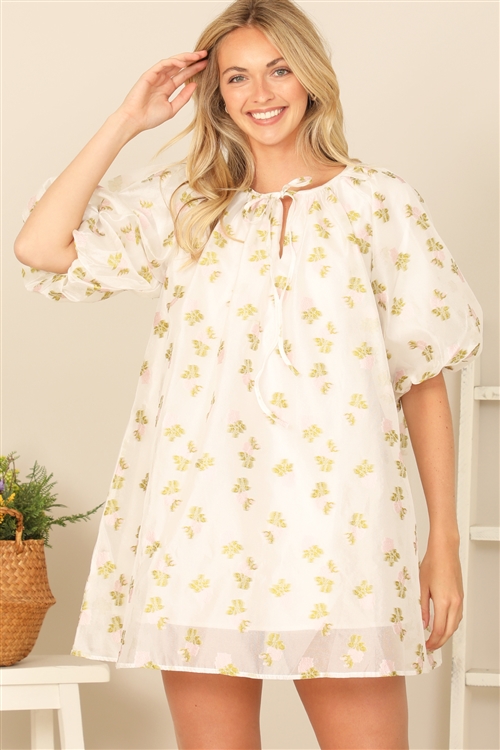 S12-9-2-D7801-IVORY OLIVE PUFF SLEEVE KEYHOLE TIE NECK PRINTED MINI DRESS 2-2-2-2