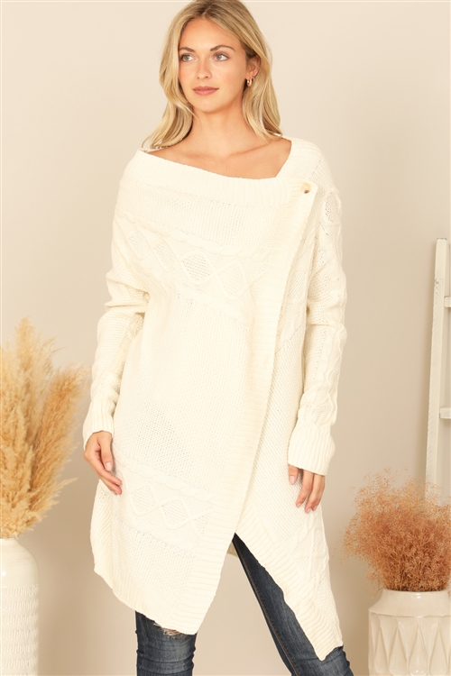 S11-8-3-C5224-IVORY ONE SIDE BUTTON LONG SLEEVE CARGDIGAN 2-2-2