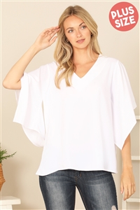 S11-8-2-T9057X-WHITE PLUS SIZE WHITE V-NECK BUTTERFLY SLEEVE SOLID TOP 3-2-1