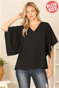 S11-8-2-T9057X-BLACK PLUS SIZE WHITE V-NECK BUTTERFLY SLEEVE SOLID TOP 3-2-1
