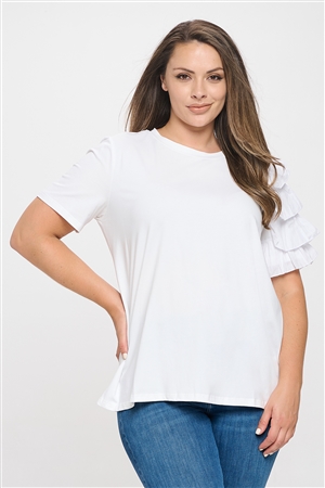 S13-3-1-T7105X-WHITE PLUS SIZE ONE SLEEVE LAYERED RUFFLE SOLID TOP 3-2-1