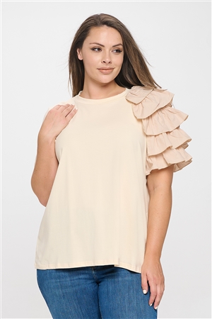 S11-8-2-T7105X-CREAM PLUS SIZE ONE SLEEVE LAYERED RUFFLE SOLID TOP 2-2-1