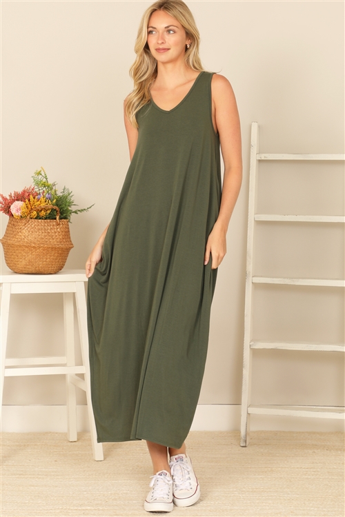 SA4-0-2-D2363-OLIVE SLEEVELESS SIDE POCKET SOLID MAXI DRESS 2-2-2