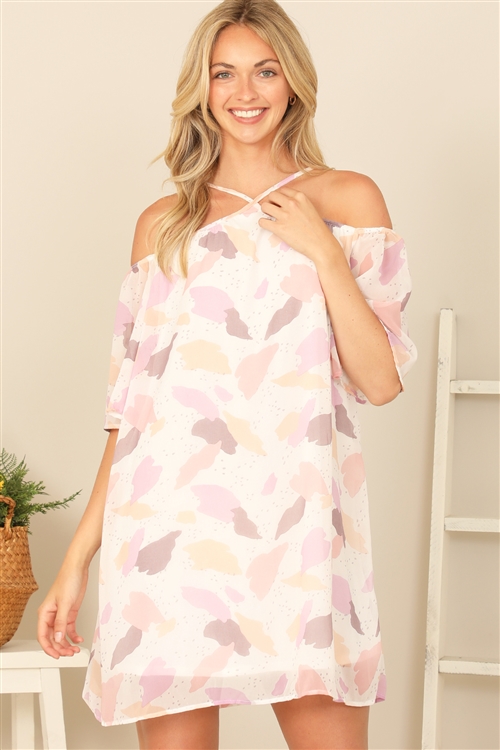 S7-1-3-D252302-PINK PURPLE IVORY CROSS NECK OFF SHOULDER PRINTED MINI DRESS 2-2-2