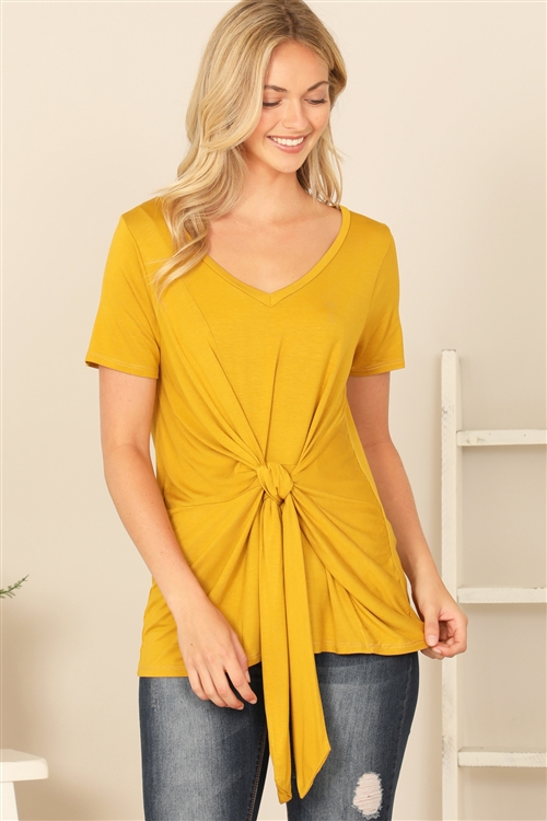 S14-11-1-T129-MUSTARD SHORT SLEEVE V-NECK TWIST FRONT SOLID TOP 2-2-2