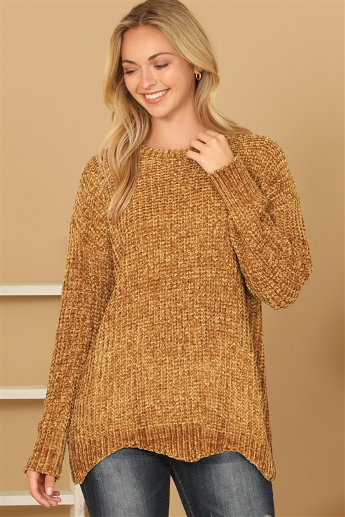 S10-5-4-S7120-BROWN CHUNKY CHENILLE KNIT  SCALLOPED HEM SWEATER 2-1