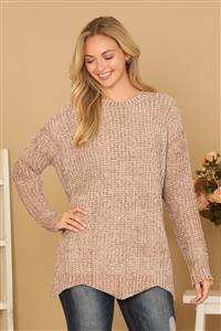 S9-7-1-S7120-TAUPE CHUNKY CHENILLE KNIT  SCALLOPED HEM SWEATER 3-3