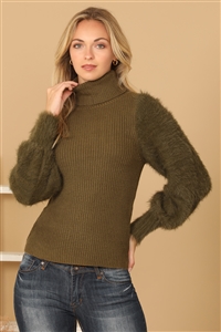 S11-2-4-S7021-OLIVE FUR SLEEVES RIBBED TURTLENECK SWEATER 2-2-0