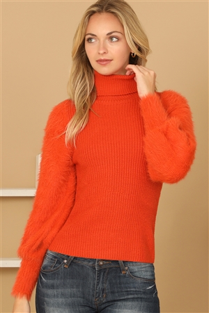S13-10-1-S7021-RUST FUR SLEEVES RIBBED TURTLENECK SWEATER 2-2-2