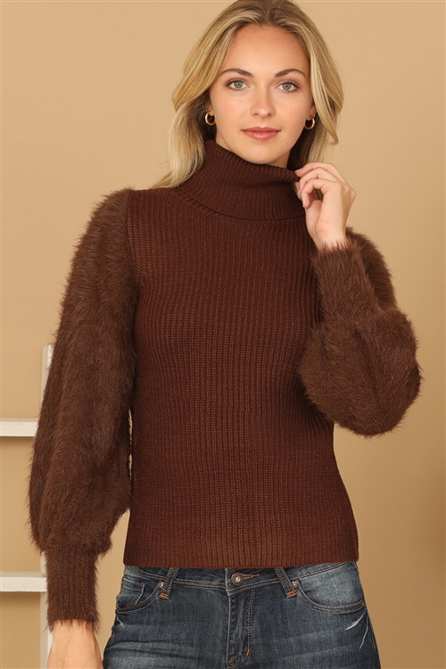 S13-10-1-S7021-CHOCOLATE FUR SLEEVES RIBBED TURTLENECK SWEATER 2-2-2