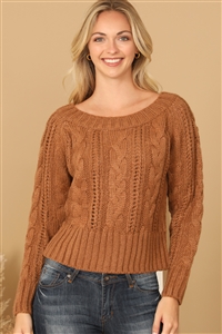 S9-8-2-S7025-BROWN CHUNKY CABLE KNIT OFF SHOULDER CROP SWEATER 3-3