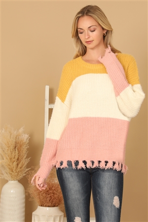 S13-3-3-S7023-MUSTARD IVORY COLOR BLOCK KNIT SWEATER 2-3