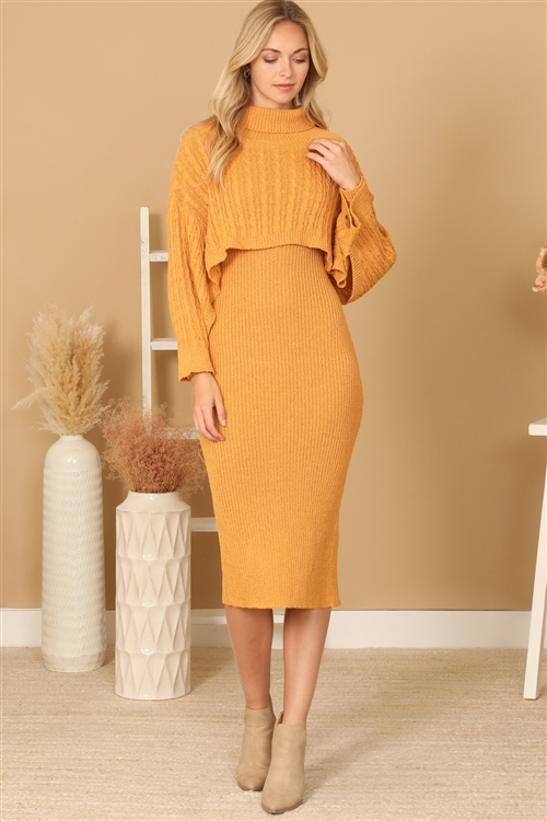 S13-9-2-SET7091-MUSTARD RIBBED SLEEVE SHAWL N SWEATER DRESS SET 2-2-2