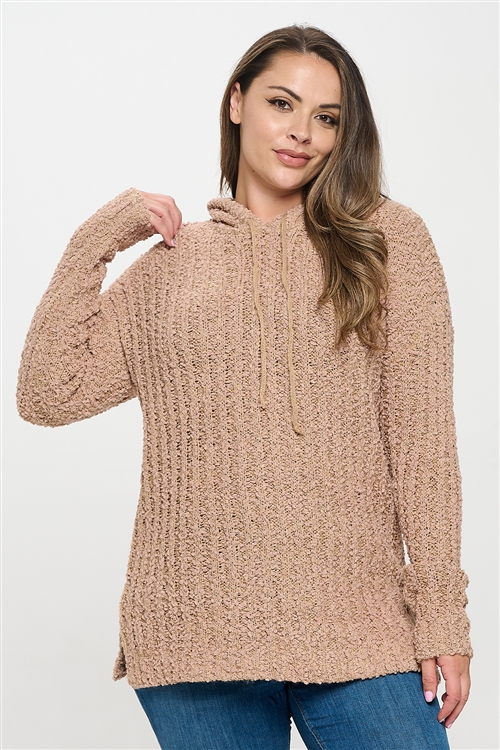 S9-4-2-S7127XPL-TAUPE PLUS SIZE RIBBED POPCORN KNIT TUNIC HOODIE SWEATER 3-3