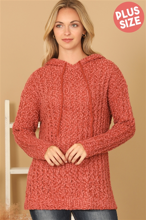 S8-2-1-S7127X-RUST PLUS SIZE RIBBED POPCORN KNIT TUNIC HOODIE SWEATER 3-3