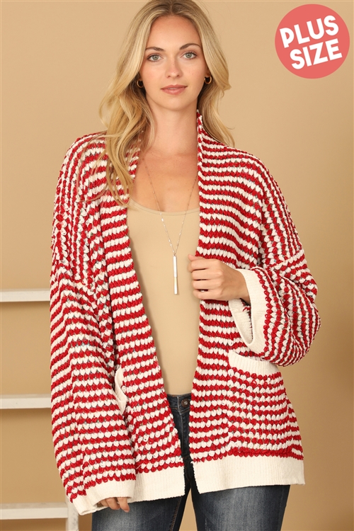 S10-7-4-C7079XPL-RED PLUS SIZE CHENILLE RAINBOW STRIPED CARDIGAN 2-2