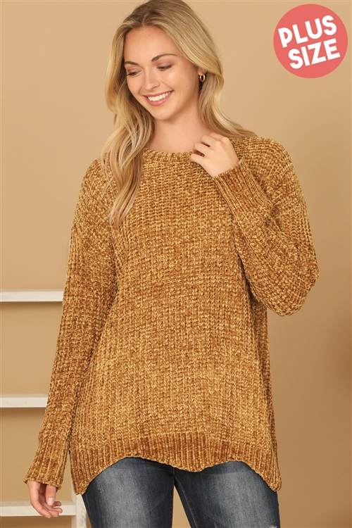 S5-3-1-S7120XPL-BROWN PLUS SIZE CHUNKY CHENILLE KNIT  SCALLOPED HEM SWEATER 3-3