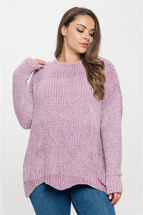 S9-2-3-S1815X-LAVENDER PLUS SIZE CHUNKY CHENILLE KNIT SWEATER WITH SCALLOPED HEM SWEATER 2-2-2