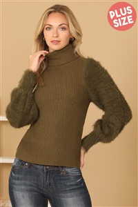 S13-10-4-S7021X-OLIVE PLUS SIZE FUR SLEEVES RIBBED TURTLENECK SWEATER 2-2-2