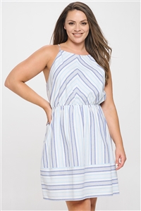 S14-4-1-D1980-2X-LT. BLUE PLUS SIZE SPAGHETTI STRAP CINCH WAIST STRIPES DRESS 3-2-1