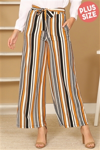 S6-3-2-P70081X-BLACK MUSTARD PLUS SIZE WAIST TIE STRIPE SQUARE PANTS 2-2-2