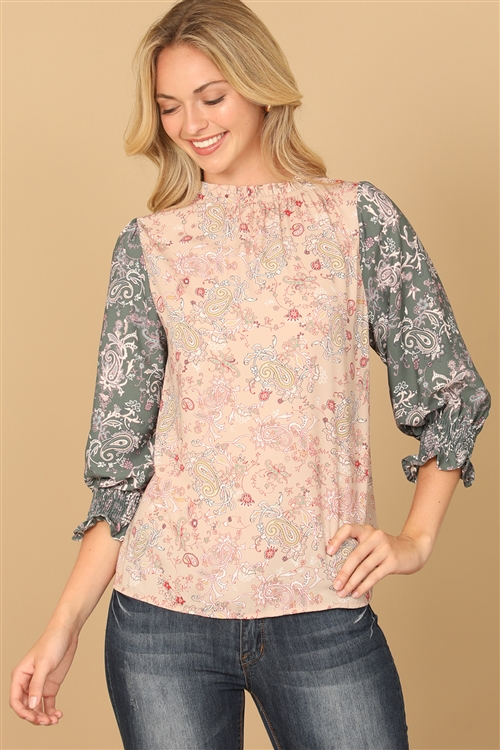 SA4-000-2-T12855-TAUPE TEAL PAISLEY SMOCKED HALF SLEEVE CONTRAST TOP 2-2-2