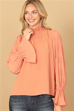 SA4-000-2-T13005-SALMON RUFFLE TURTLE NECK LONG BELL SLEEVE SOLID TOP TOP 0-0-2