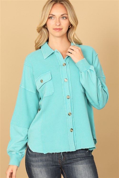 S11-8-4-J34239-AQUA WASHED WAFFLE KNITTED JACKET 3-0-0