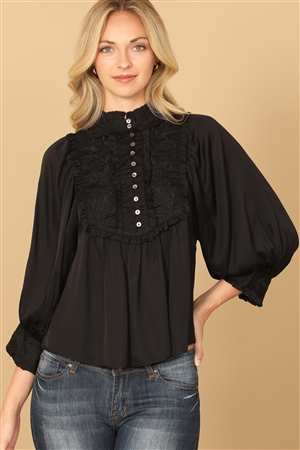 S9-6-4-T166-BLACK BIB NECK FLORAL PATCH PUFF SLEEVE SOLID TOP 1-2-3