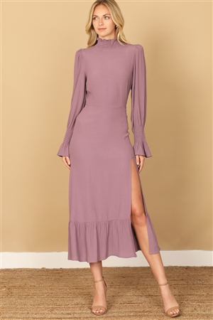 S10-11-1-D179-LILAC SMOCKED NECK AND LONG SLEEVE SIDE SLIT SOLID DRESS 2-2-1