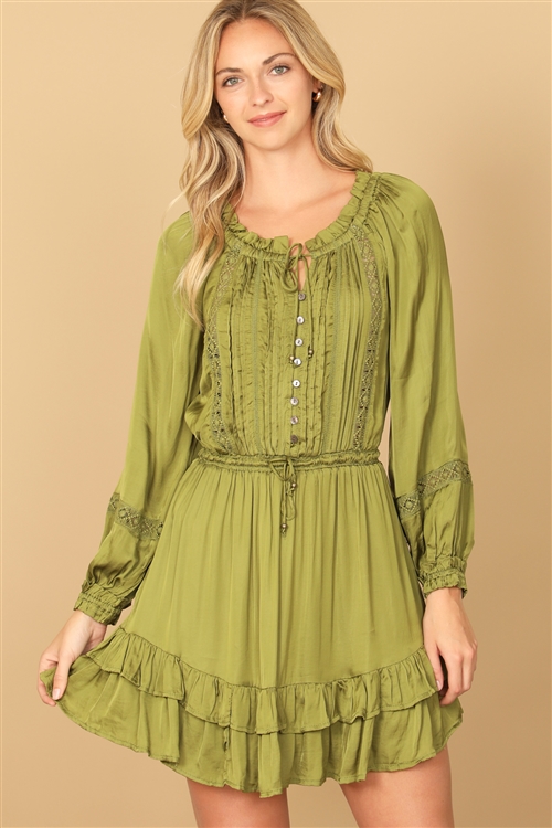 S11-10-2-D134-OLIVE LONG SLEEVE PLEATED FRONT RUFFLE HEM MINI DRESS 2-2-1