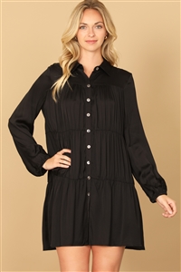 S15-2-4-D41-BLACK COLLARED LONG SLEEVE PLEATED DETAIL SOLID DRESS 2-2-1