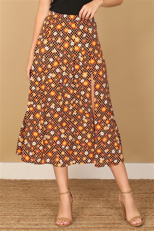 S16-8-4-S65-BLACK ORANGE SIDE SLIT FLORAL MIDI SKIRT 2-2-1