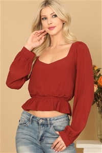 S16-5-4-T45-BRICK PUFF SLEEVE ELASTIC RUFFLE WAIST CROP TOP 1-4-2