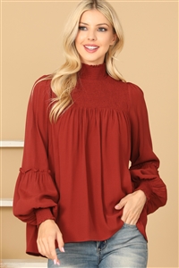 S13-12-1-T50-BRICK SHIRRED HIGH NECK PUFF SLEEVE SOLID TOP 2-2-1