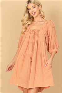 S14-3-3-D322-SALMON PUFF SLEEVE TIERED BABYDOLL MINI DRESS 2-2-1