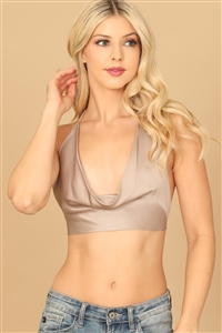 S16-10-4-T04426-LIGHT MOCHA COWL NECK TIE BACK SATINY CROP TOP 2-2-1