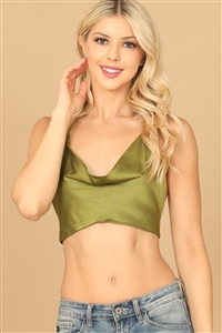 S16-10-4-T04426-OLIVE COWL NECK TIE BACK SATINY CROP TOP 2-2-1