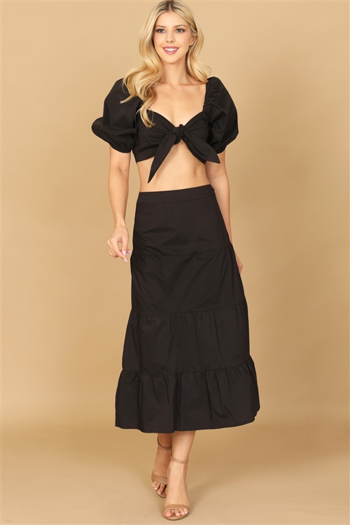 S16-14-1-SET04322-323-BLACK PUFF SLEEVE KNOT FRONT SOLID CROP TOP & SKIRT SET 2-2-1