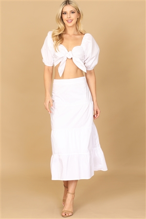 S16-14-1-SET04322-323-WHITE PUFF SLEEVE KNOT FRONT SOLID CROP TOP & SKIRT SET 2-2-1