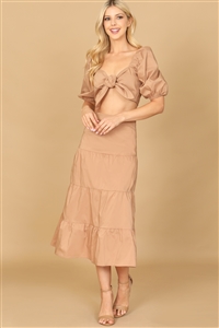 S16-12-1-SET04322-323-LT. BROWN PUFF SLEEVE KNOT FRONT SOLID CROP TOP & SKIRT SET 2-2-1